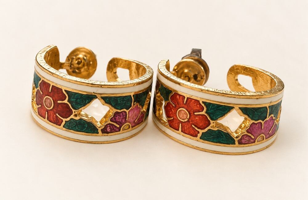 Vintage cloisonné half hoop earrings